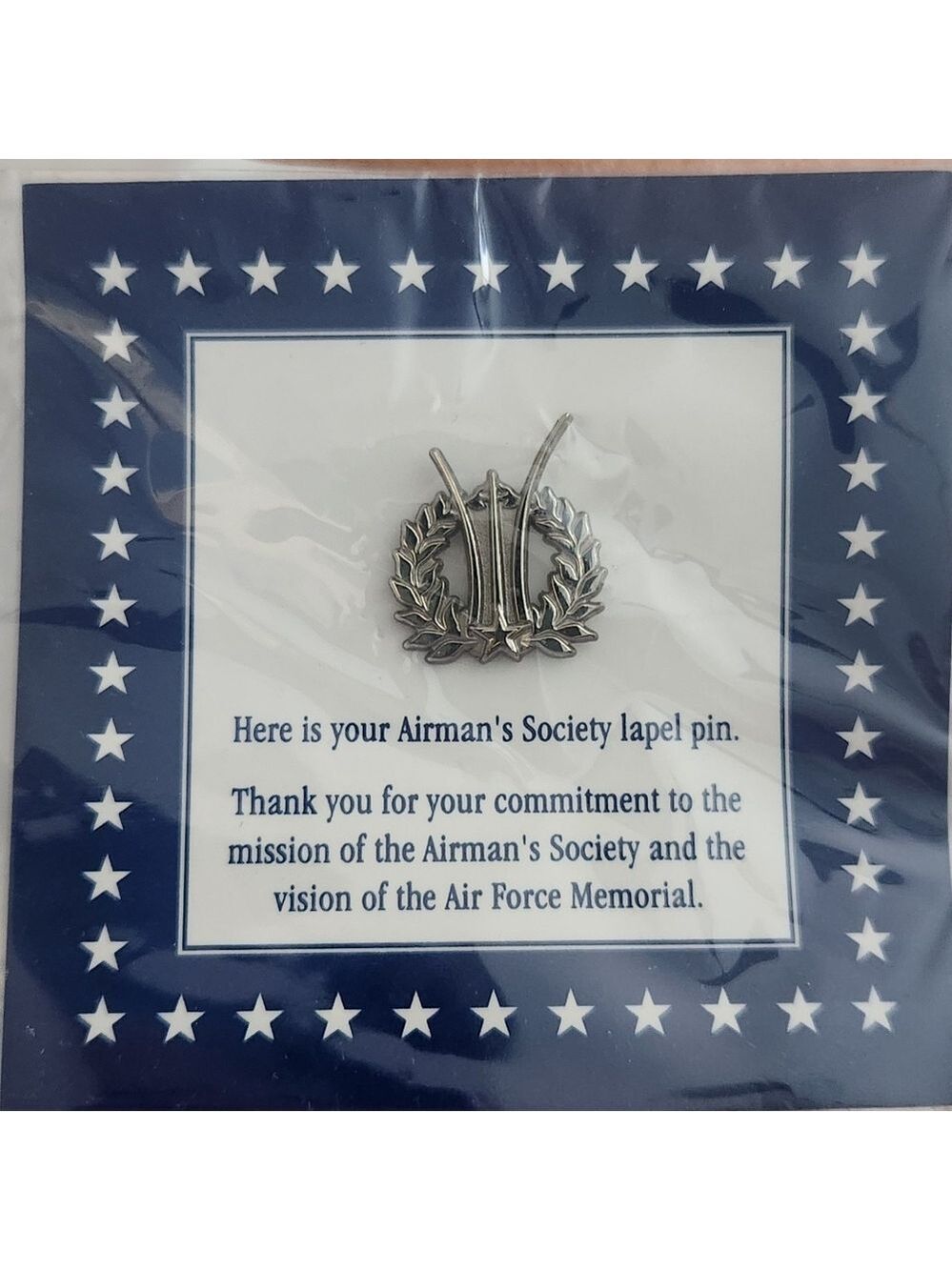 NWT Airman's Society Air Force Memorial Lapel pin sealed US silver tone